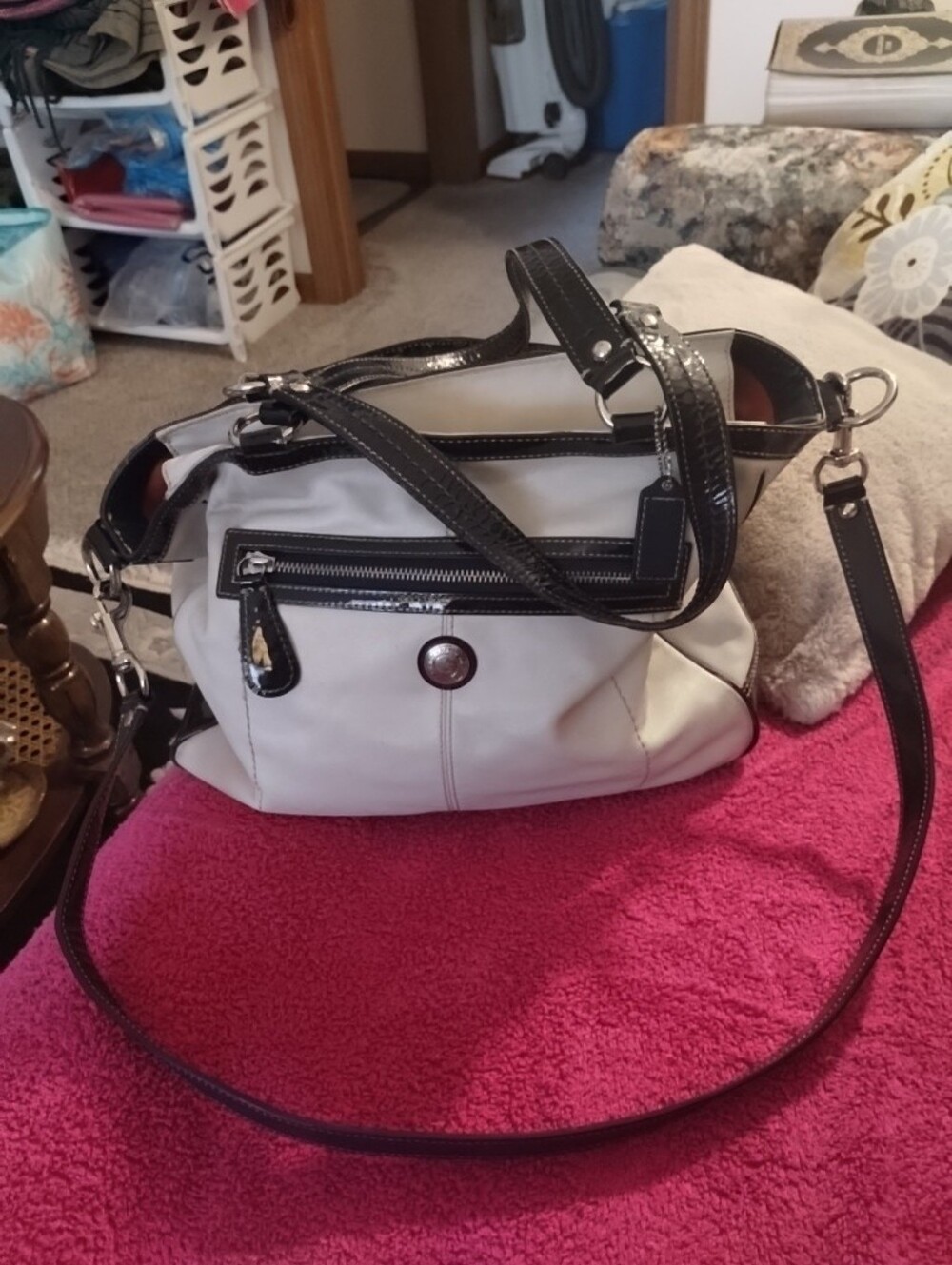 Coach Biege With blue Patent Leathe Trim; Satchel Creed;C1082-F14868 Handbag